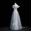 Himmelblau Charmant Strass Perle Pailletten Ballkleider 2022 A Linie Off Shoulder Schleife Kurze Ärmel Rückenfreies Lange Ball Festliche Kleider