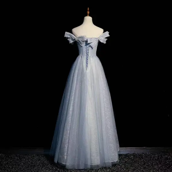 Himmelblau Charmant Strass Perle Pailletten Ballkleider 2022 A Linie Off Shoulder Schleife Kurze Ärmel Rückenfreies Lange Ball Festliche Kleider