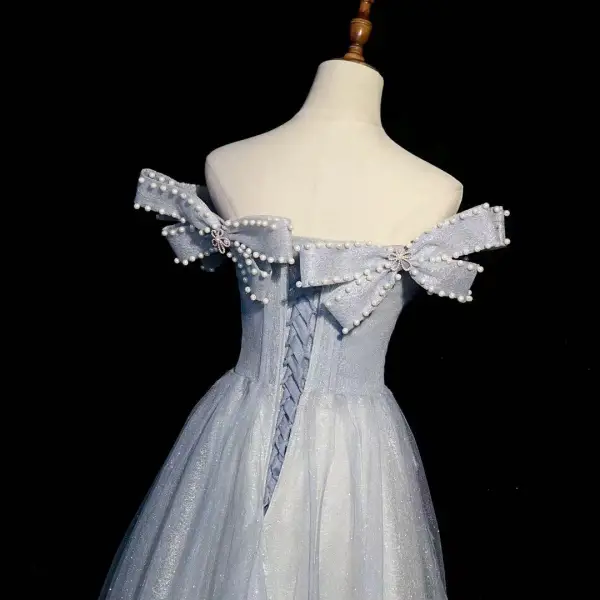 Himmelblau Charmant Strass Perle Pailletten Ballkleider 2022 A Linie Off Shoulder Schleife Kurze Ärmel Rückenfreies Lange Ball Festliche Kleider