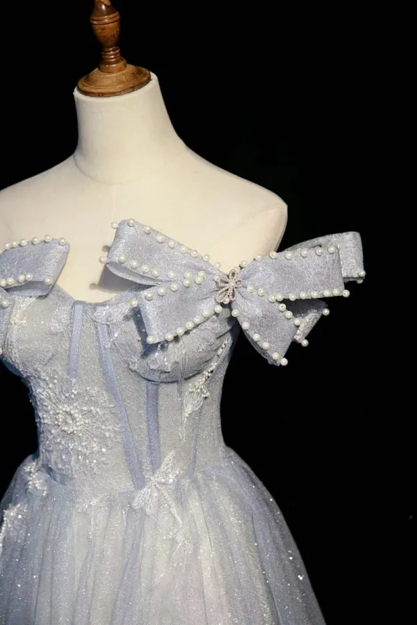 Himmelblau Charmant Strass Perle Pailletten Ballkleider 2022 A Linie Off Shoulder Schleife Kurze Ärmel Rückenfreies Lange Ball Festliche Kleider