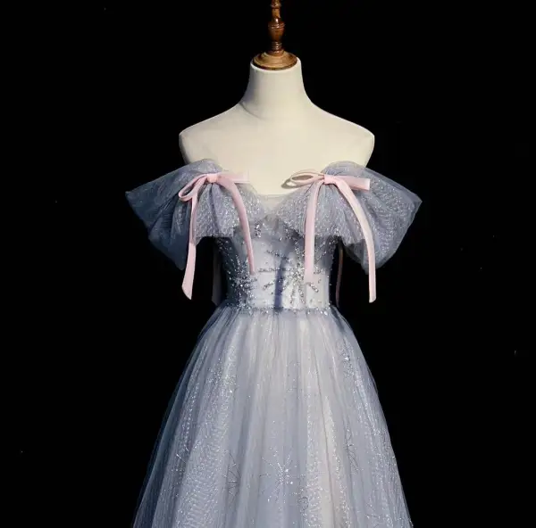 Fashion Sky Blue Beading Sequins Bow Prom Dresses 2022 A-Line / Princess Strapless Short Sleeve Backless Floor-Length / Long Prom Formal Dresses