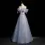 Fashion Sky Blue Beading Sequins Bow Prom Dresses 2022 A-Line / Princess Strapless Short Sleeve Backless Floor-Length / Long Prom Formal Dresses