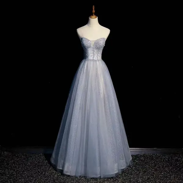 Fashion Sky Blue Beading Sequins Bow Prom Dresses 2022 A-Line / Princess Strapless Short Sleeve Backless Floor-Length / Long Prom Formal Dresses