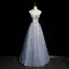 Fashion Sky Blue Beading Sequins Bow Prom Dresses 2022 A-Line / Princess Strapless Short Sleeve Backless Floor-Length / Long Prom Formal Dresses