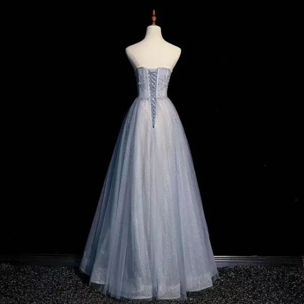 Fashion Sky Blue Beading Sequins Bow Prom Dresses 2022 A-Line / Princess Strapless Short Sleeve Backless Floor-Length / Long Prom Formal Dresses