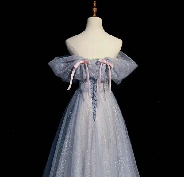 Fashion Sky Blue Beading Sequins Bow Prom Dresses 2022 A-Line / Princess Strapless Short Sleeve Backless Floor-Length / Long Prom Formal Dresses