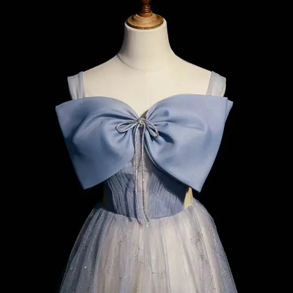 Élégant Bleu Ciel Noeud Glitter Paillettes Robe De Bal 2022 Princesse Encolure Carrée Sans Manches Dos Nu Longue Promo Robe De Ceremonie