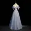 Fashion Sky Blue Beading Sequins Bow Prom Dresses 2022 A-Line / Princess Strapless Short Sleeve Backless Floor-Length / Long Prom Formal Dresses