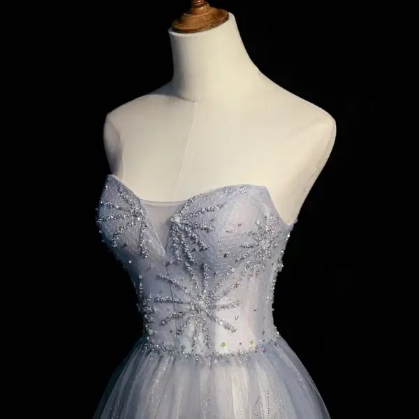 Fashion Sky Blue Beading Sequins Bow Prom Dresses 2022 A-Line / Princess Strapless Short Sleeve Backless Floor-Length / Long Prom Formal Dresses
