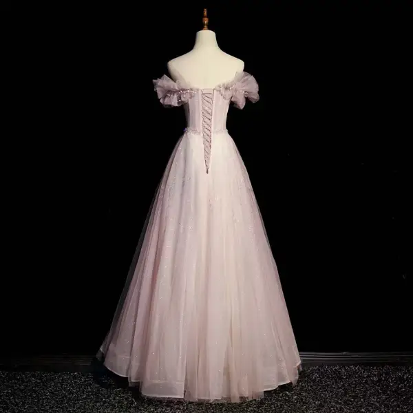 Chic / Belle Rougissant Rose Robe De Bal 2022 Princesse Volants Bustier Sans Manches Dos Nu Perlage Paillettes Longue Promo Robe De Ceremonie