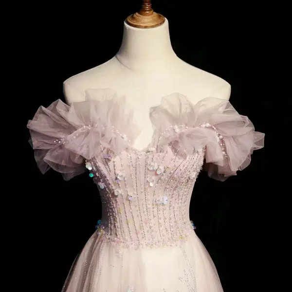 Chic / Belle Rougissant Rose Robe De Bal 2022 Princesse Volants Bustier Sans Manches Dos Nu Perlage Paillettes Longue Promo Robe De Ceremonie
