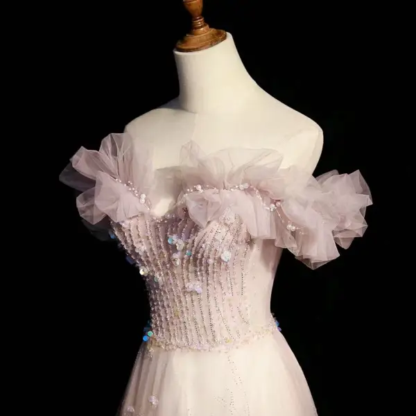 Chic / Belle Rougissant Rose Robe De Bal 2022 Princesse Volants Bustier Sans Manches Dos Nu Perlage Paillettes Longue Promo Robe De Ceremonie