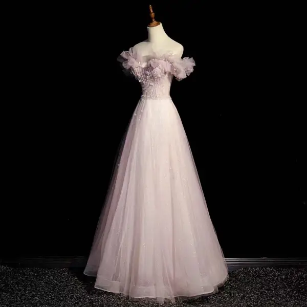 Chic / Belle Rougissant Rose Robe De Bal 2022 Princesse Volants Bustier Sans Manches Dos Nu Perlage Paillettes Longue Promo Robe De Ceremonie