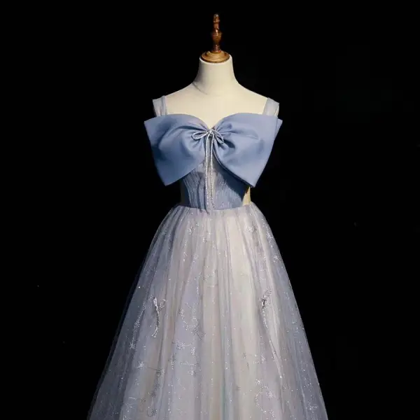 Élégant Bleu Ciel Noeud Glitter Paillettes Robe De Bal 2022 Princesse Encolure Carrée Sans Manches Dos Nu Longue Promo Robe De Ceremonie