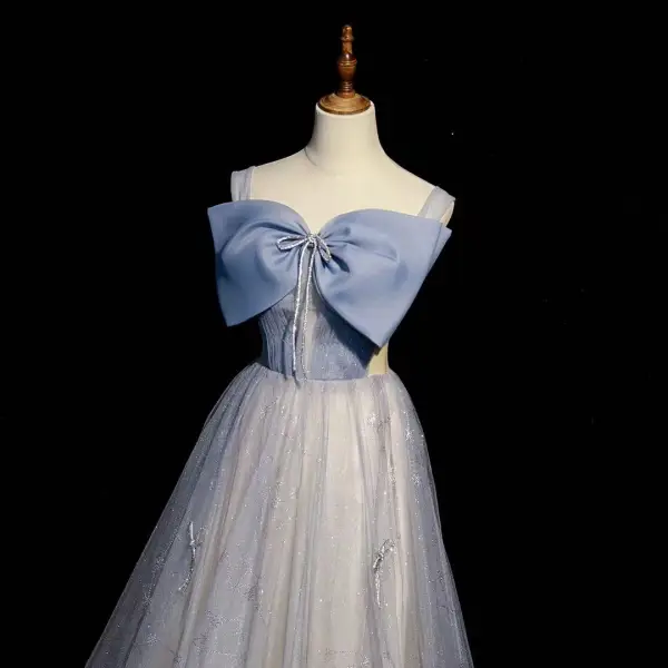 Élégant Bleu Ciel Noeud Glitter Paillettes Robe De Bal 2022 Princesse Encolure Carrée Sans Manches Dos Nu Longue Promo Robe De Ceremonie