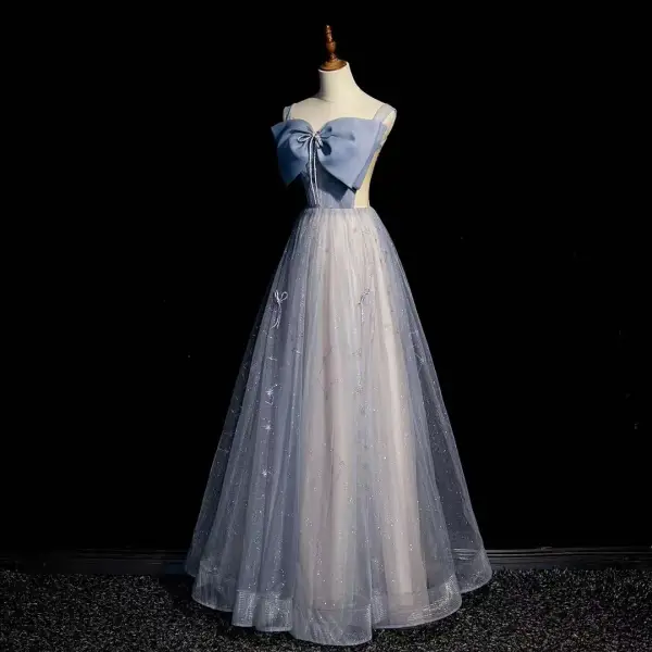 Élégant Bleu Ciel Noeud Glitter Paillettes Robe De Bal 2022 Princesse Encolure Carrée Sans Manches Dos Nu Longue Promo Robe De Ceremonie