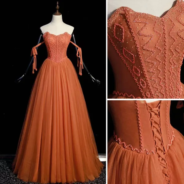 Chic / Beautiful Orange Beading Pearl Prom Dresses 2022 A-Line / Princess Strapless Sleeveless Backless Floor-Length / Long Prom Formal Dresses