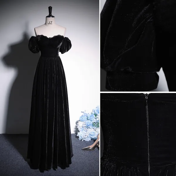 Chic / Beautiful Black Velvet Evening Dresses 2023 A-Line / Princess Off-The-Shoulder Short Sleeve Backless Floor-Length / Long Evening Party Formal Dresses