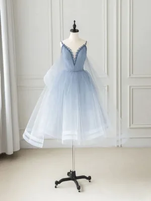 Mote Himmelen Blå Gradient Farge Beading Homecoming Gripende Ruffles Graduation Kjoler 2024 Prinsesse Spaghettistropper Uten Ermer Ryggløse Te Lengde