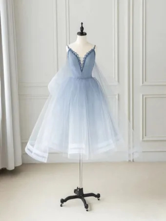 Fashion Sky Blue Gradient Color Beading Homecoming Cascading Ruffles Graduation Dresses 2024 A Line Princess Spaghetti Straps Sleeveless Backless Tea Length