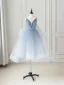Mode Bleu Ciel Dégradé De Couleur Perlage de retour Volants en Cascade Robe De Graduation 2024 Princesse Bretelles Spaghetti Sans Manches Dos Nu Thé Longueur