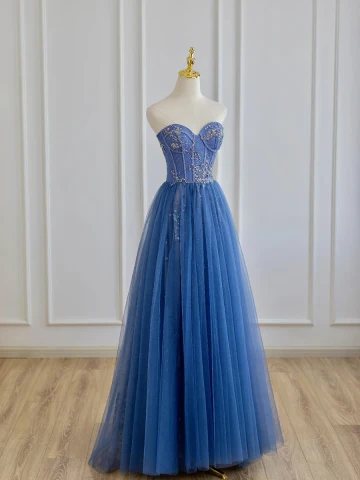 Chic Beautiful Ocean Blue Beading Sequins Prom Dresses 2024 A Line Princess Strapless Sleeveless Backless Floor Length Long Prom Formal Dresses