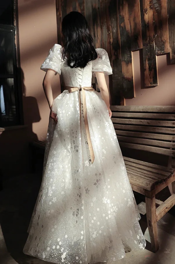 Western Elegant White Lace Flower Prom Dresses 2024 A-Line / Princess Square Neckline Puffy Short Sleeve Backless Bow Sash Floor-Length / Long Formal Dresses
