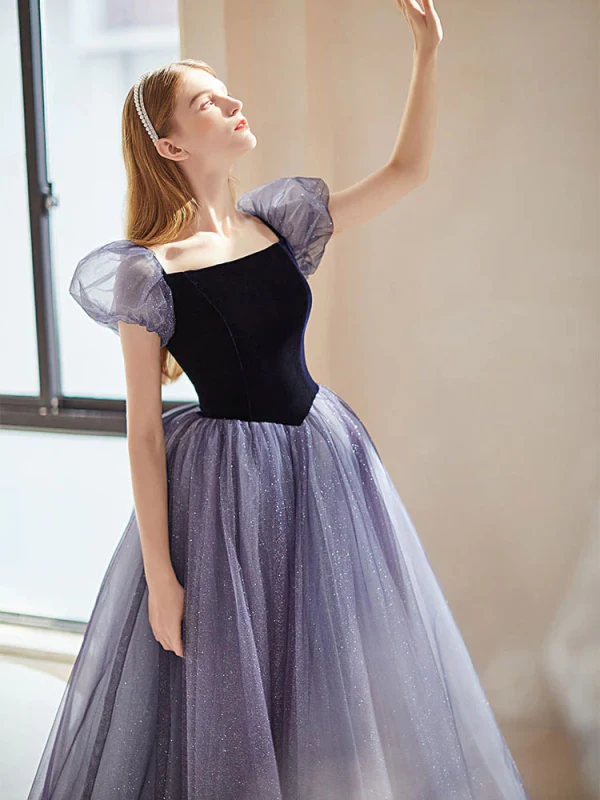 Vintage / Retro Glitter Navy Blue Prom Dresses 2024 A-Line / Princess Square Neckline Puffy Short Sleeve Backless Bow Floor-Length / Long Formal Dresses