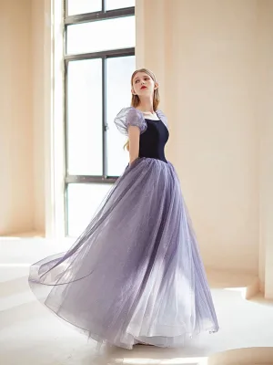 Vintage Retro Glitter Navy Blue Prom Dresses 2024 A Line Princess Square Neckline Puffy Short Sleeve Backless Bow Floor Length Long Formal Dresses