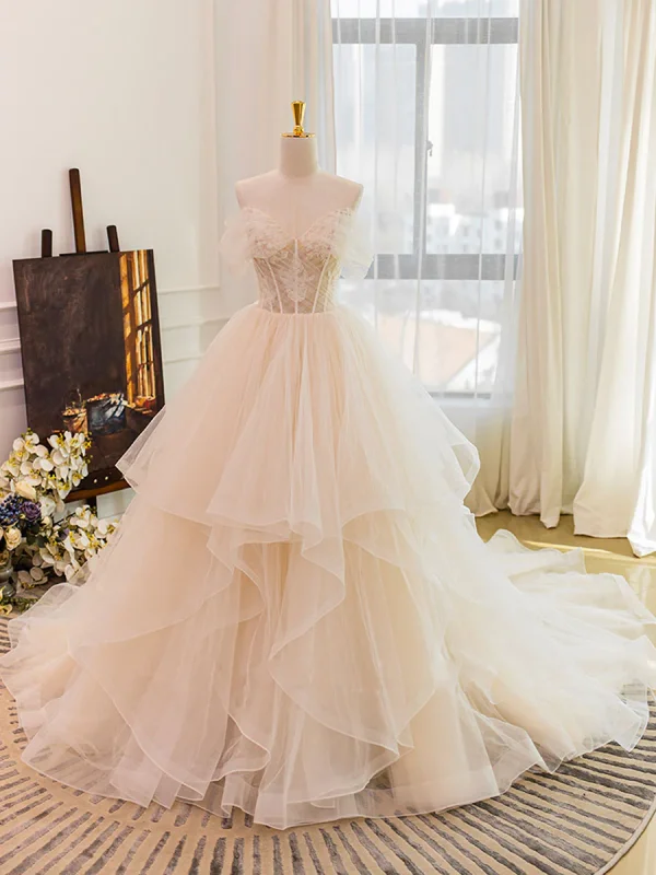 Charming Champagne Lace Flower Cascading Ruffles Wedding Dresses 2024 Ball Gown Strapless Sleeveless Backless Court Train