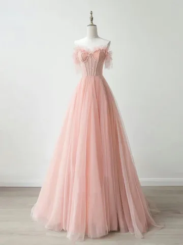 Härlig Rodnande Rosa Beading Spets Blomma Balklänningar 2024 Prinsessa Av Axeln Korta Ärm Halterneck Långa Formella Klänningar