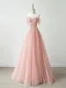 Lovely Blushing Pink Beading Lace Flower Prom Dresses 2024 A-Line / Princess Off-The-Shoulder Short Sleeve Backless Floor-Length / Long Formal Dresses