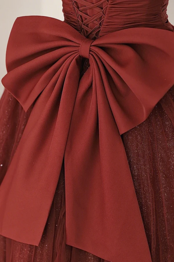 Foldable Burgundy Glitter Prom Dresses 2024 A-Line / Princess Square Neckline Puffy Short Sleeve Backless Bow Floor-Length / Long Formal Dresses