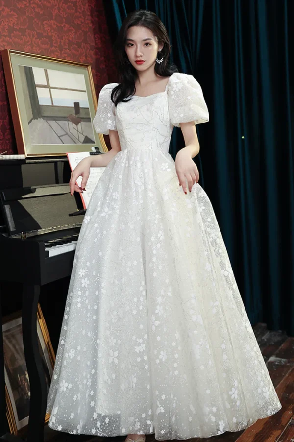 Western Elegant White Lace Flower Prom Dresses 2024 A-Line / Princess Square Neckline Puffy Short Sleeve Backless Bow Sash Floor-Length / Long Formal Dresses