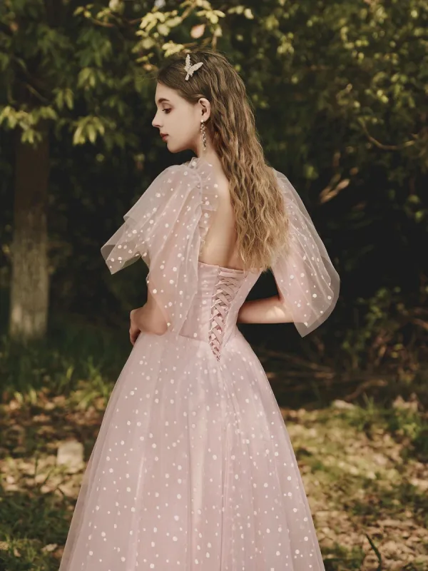Chic / Beautiful Blushing Pink Spotted Bridesmaid Dresses 2023 A-Line / Princess Off-The-Shoulder Short Sleeve Backless Floor-Length / Long Prom Bridesmaid Dresses