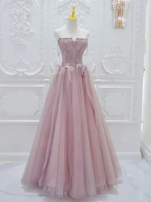Fine Rødmende Rosa Appliques Ballkjoler 2024 Prinsesse Strapless Uten Ermer Ryggløse Te Lengde Formelle Kjoler