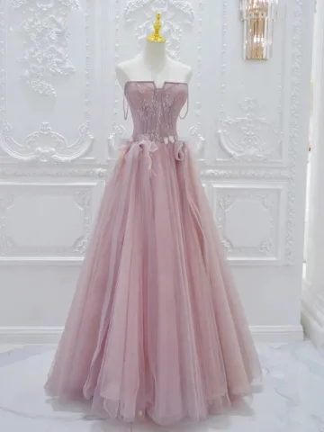 Chic Belle Rougissant Rose Appliques Robe De Bal 2024 Princesse Bustier Sans Manches Dos Nu Thé Longueur Robe De Ceremonie