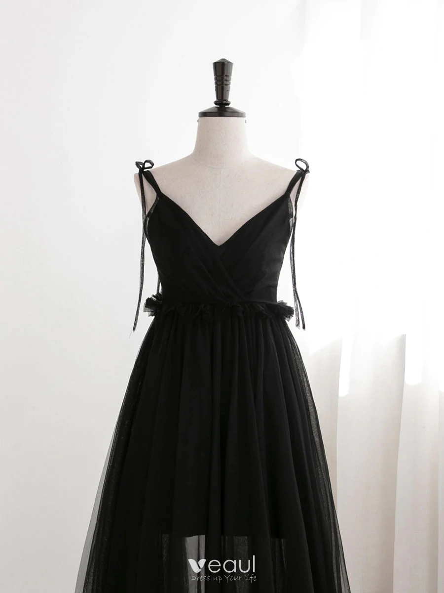 Chic / Beautiful Black Prom Dresses 2024 A-Line / Princess Spaghetti Straps Sleeveless Backless Floor-Length / Long Formal Dresses