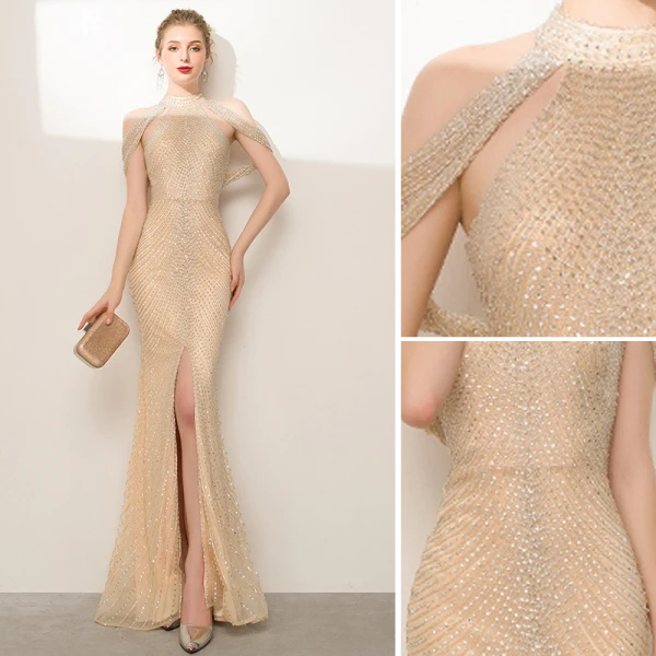 Luxe Scintillantes Champagne Robe De Soirée 2020 Trompette / Sirène Titulaire Fait main Perlage Paillettes Faux Diamant Sans Manches Fendue devant Train De Balayage Robe De Ceremonie