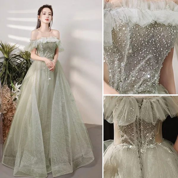 Chic / Beautiful Sage Green Prom Dresses 2021 A-Line / Princess Ruffle Off-The-Shoulder Beading Pearl Sequins Short Sleeve Backless Floor-Length / Long Prom Formal Dresses
