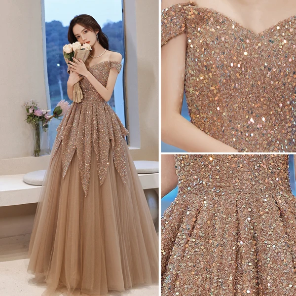 Sparkly Champagne Beading Sequins Prom Dresses 2021 A-Line / Princess Off-The-Shoulder Short Sleeve Backless Floor-Length / Long Formal Dresses