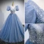 Chic / Belle Bleu Ciel Glitter Perlage Paillettes Robe De Bal 2022 Robe Boule V-Cou Manches Courtes Dos Nu Longue Robe De Ceremonie