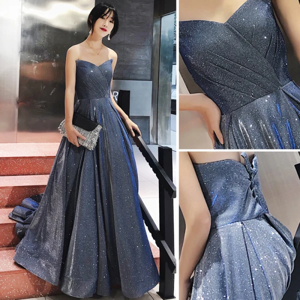 Charmant Océan Bleu Robe De Soirée 2019 Princesse Bustier Glitter Polyester Sans Manches Dos Nu Train De Balayage Robe De Ceremonie