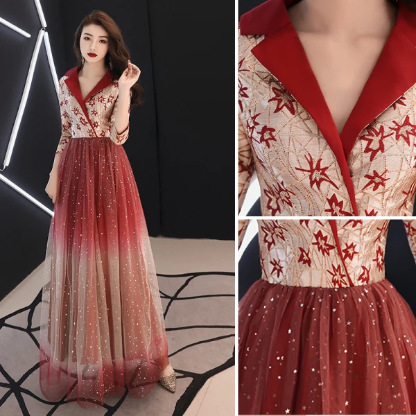 Charming Gradient-Color Burgundy Evening Dresses  2019 A-Line / Princess V-Neck Lace Star 3/4 Sleeve Floor-Length / Long Formal Dresses