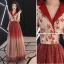 Charming Gradient-Color Burgundy Evening Dresses  2019 A-Line / Princess V-Neck Lace Star 3/4 Sleeve Floor-Length / Long Formal Dresses
