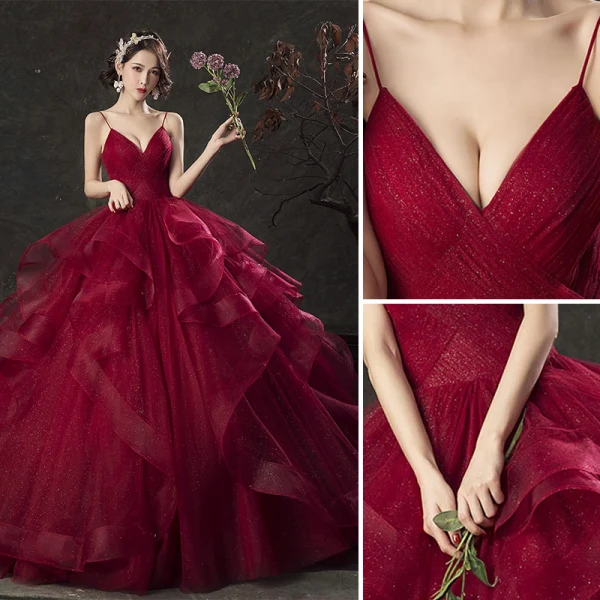 Charming Quinceañera Burgundy Prom Dresses 2019 Ball Gown Spaghetti Straps Glitter Sleeveless Backless Cascading Ruffles Floor-Length / Long Formal Dresses