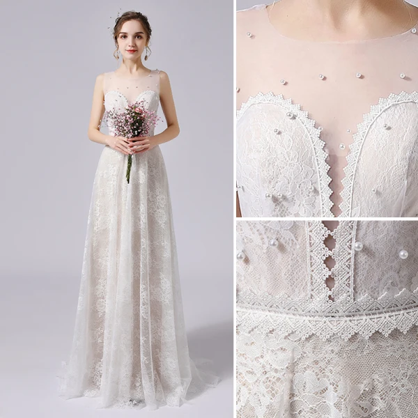 Élégant Ivoire Perle En Dentelle Fleur Robe De Mariée 2021 Princesse Encolure Dégagée Sans Manches Dos Nu Train De Balayage Mariage