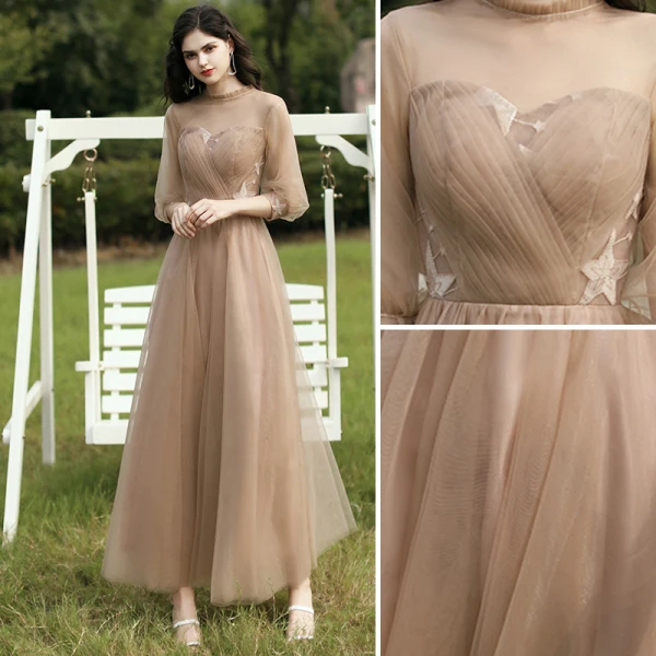 Simple Champagne Robe Demoiselle D'honneur 2021 Princesse Encolure Dégagée Manches Courtes Dos Nu Longue Robe Pour Mariage