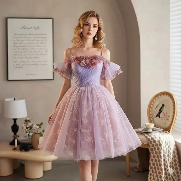 Charmant Lavendel Perle Applikationen Pailletten Kurze Heimkehr Abiballkleider 2026 Ballkleid Spaghettiträger Kurze Ärmel Rückenfreies Festliche Kleider