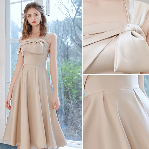 Mode Champagner Satin Heimkehr Abiballkleider 2021 A Linie One-Shoulder Schleife Kurze Ärmel Rückenfreies Wadenlang Festliche Kleider